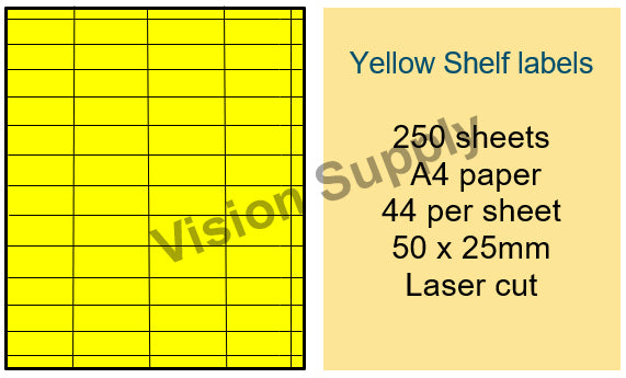 50 x 25mm Board shelf labels yellow, 250 sheets