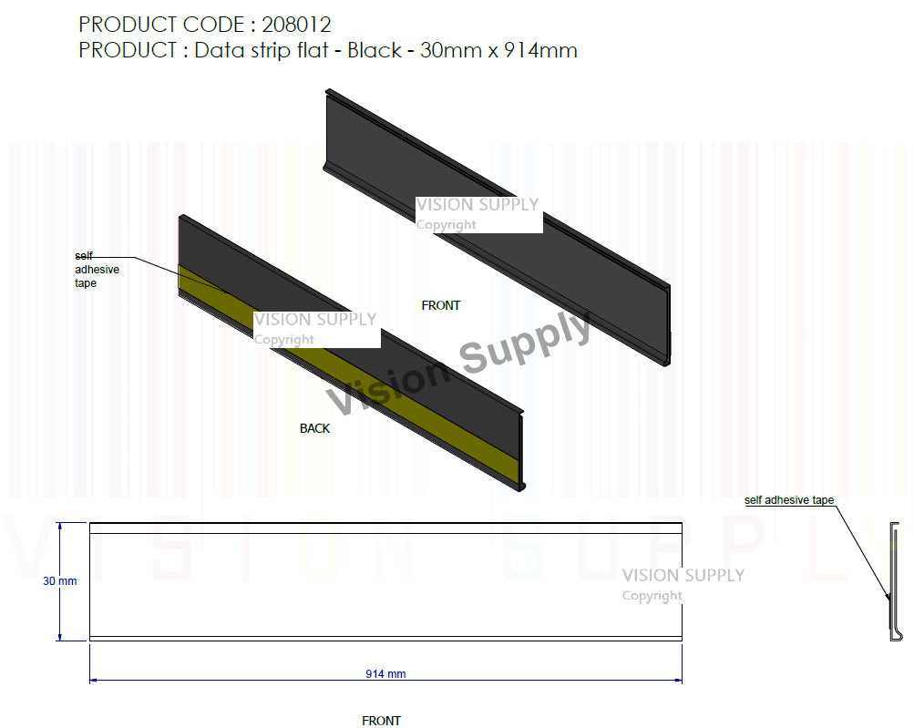 30x914mm, Data Strip Flat Black 914mm, 200pcs/ctn