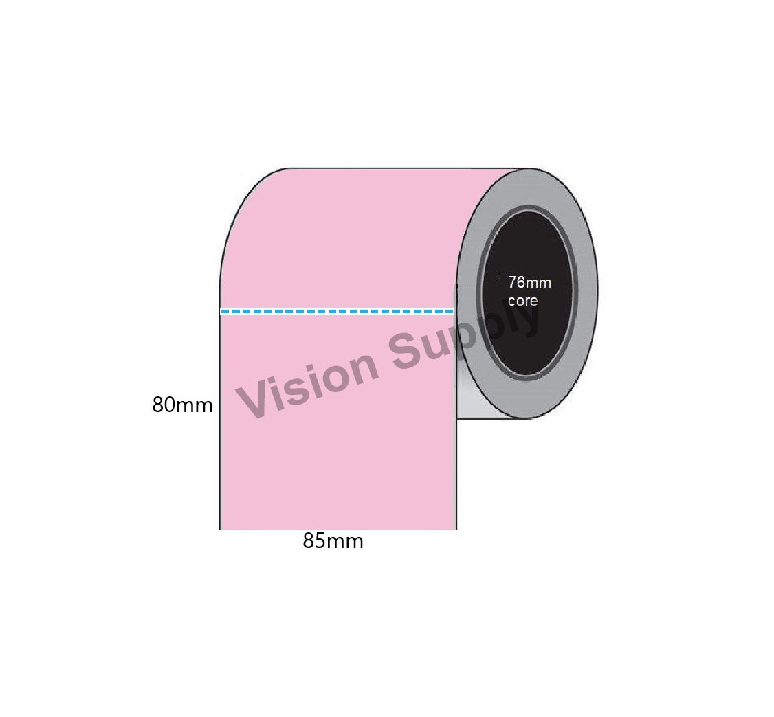 85x80mm Direct thermal Pink, 1000 per roll, 76 core, perforated