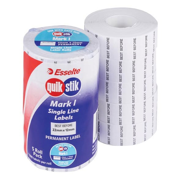 22x12mm, Date Gun Label Mark 1 White, 1500 per roll, "Best Before" 5rolls/box