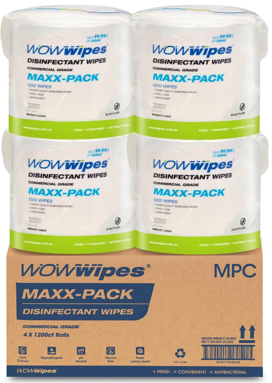 WOW Wipes MAXX Pack – Antibacterial Wipes (4 rolls x 1200 sheet/roll)