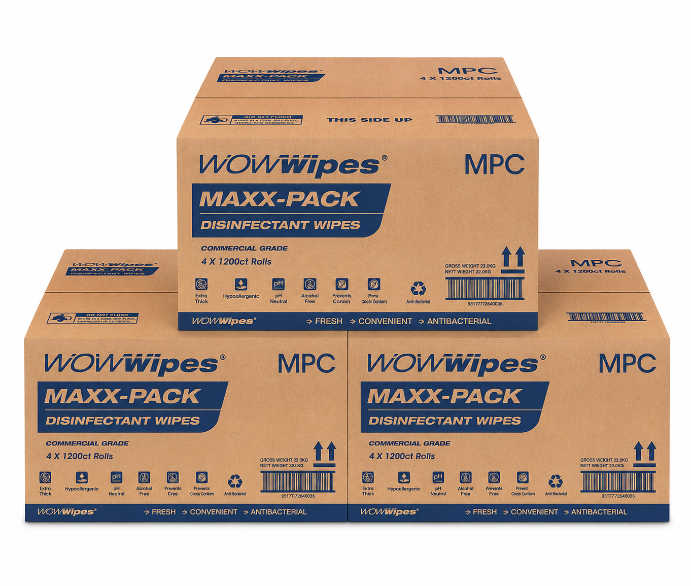WOW Wipes MAXX Pack 1200 Sheets – Antibacterial Wipes (3 Cartons- 12 rolls x 1200 sheet/roll)