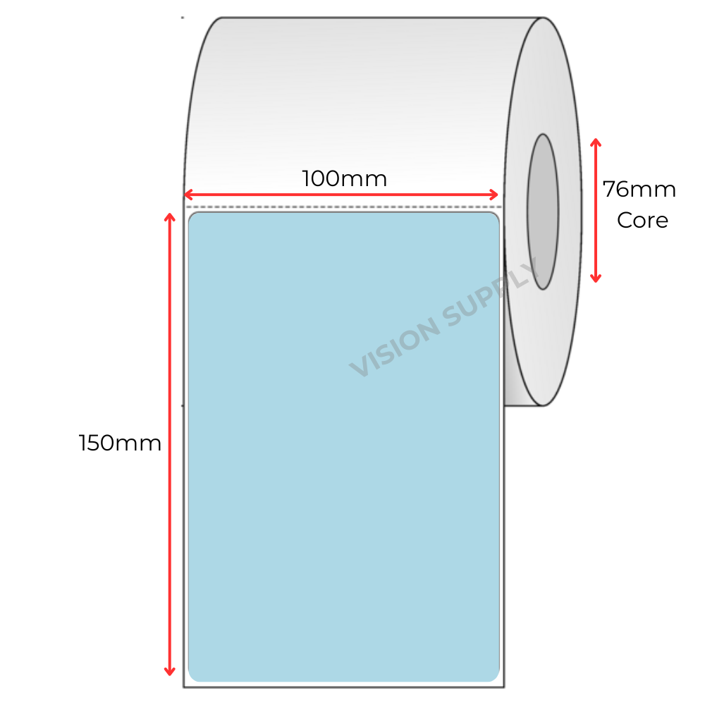 100x150mm Glass synthetic Thermal transfer, sky blue, Removable adhesive 1000 per roll. 76 core