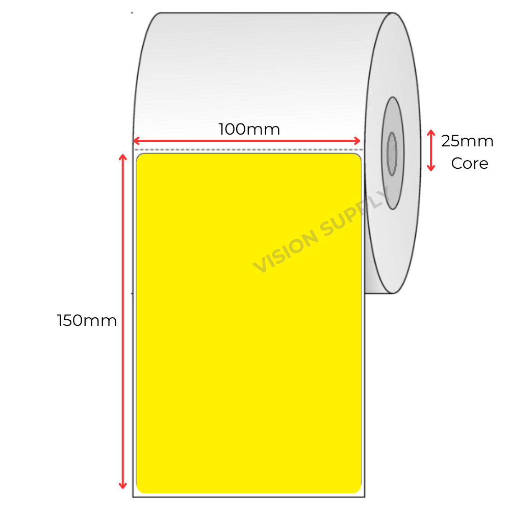 100x150mm Yellow Direct thermal, 350 per roll, 25 core, perforated
