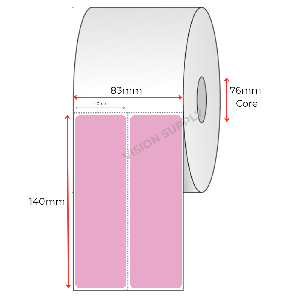 40x140mm Direct Thermal Pink 2UP, 2600 per roll, 76 core, Perforated